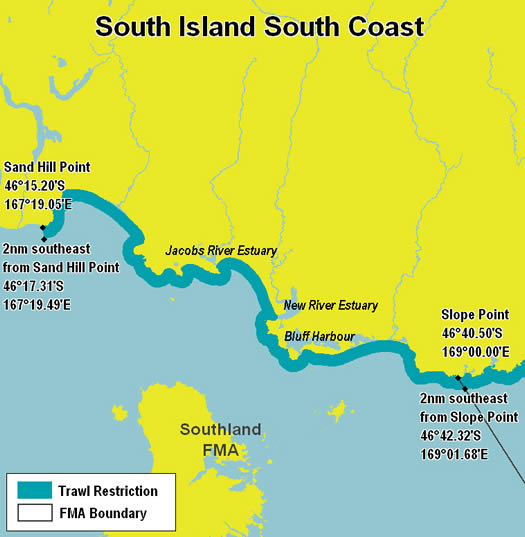 South Coast South Island - Trawl Ban map. 